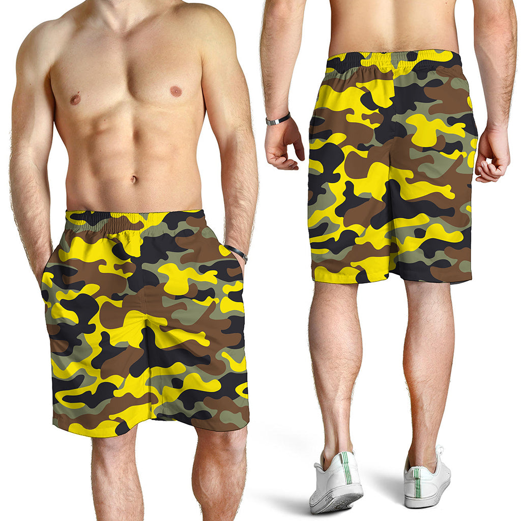 Yellow Brown And Black Camouflage Print Men's Shorts