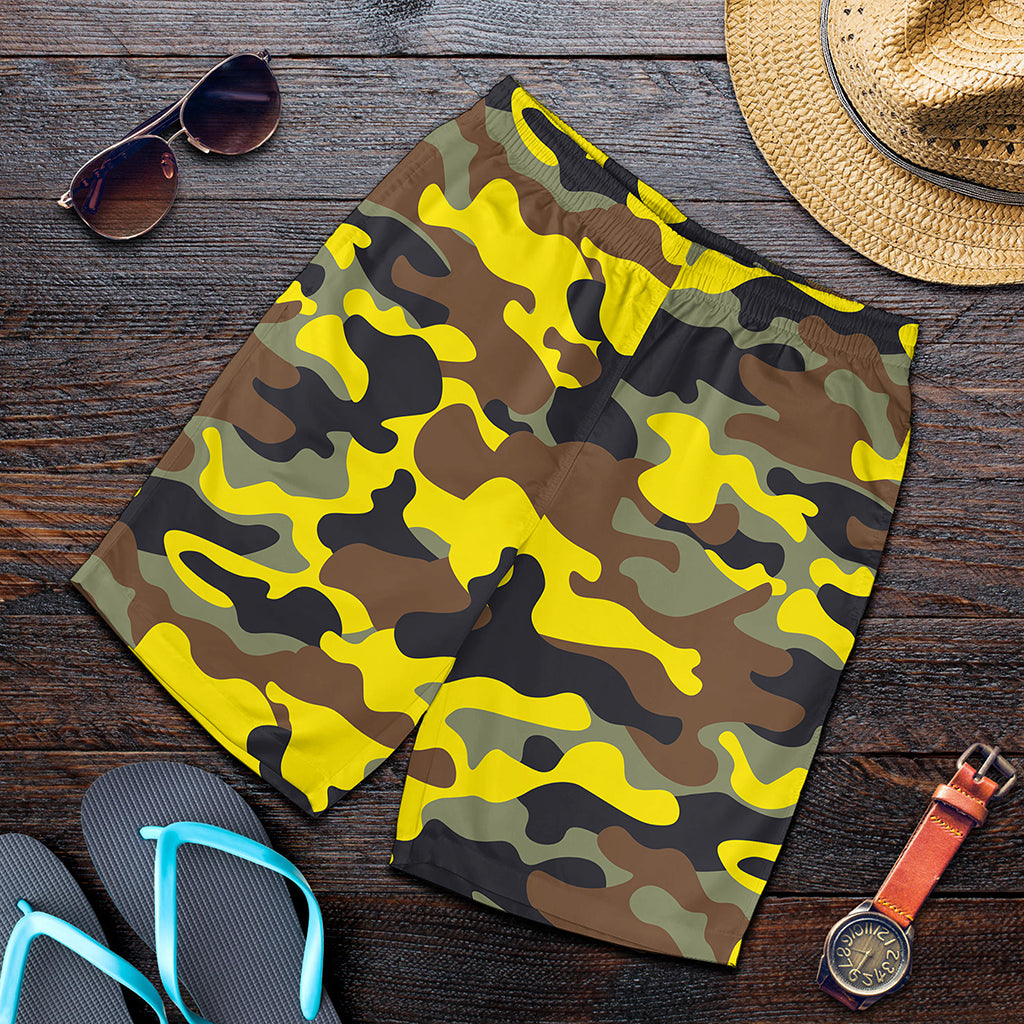 Yellow Brown And Black Camouflage Print Men's Shorts