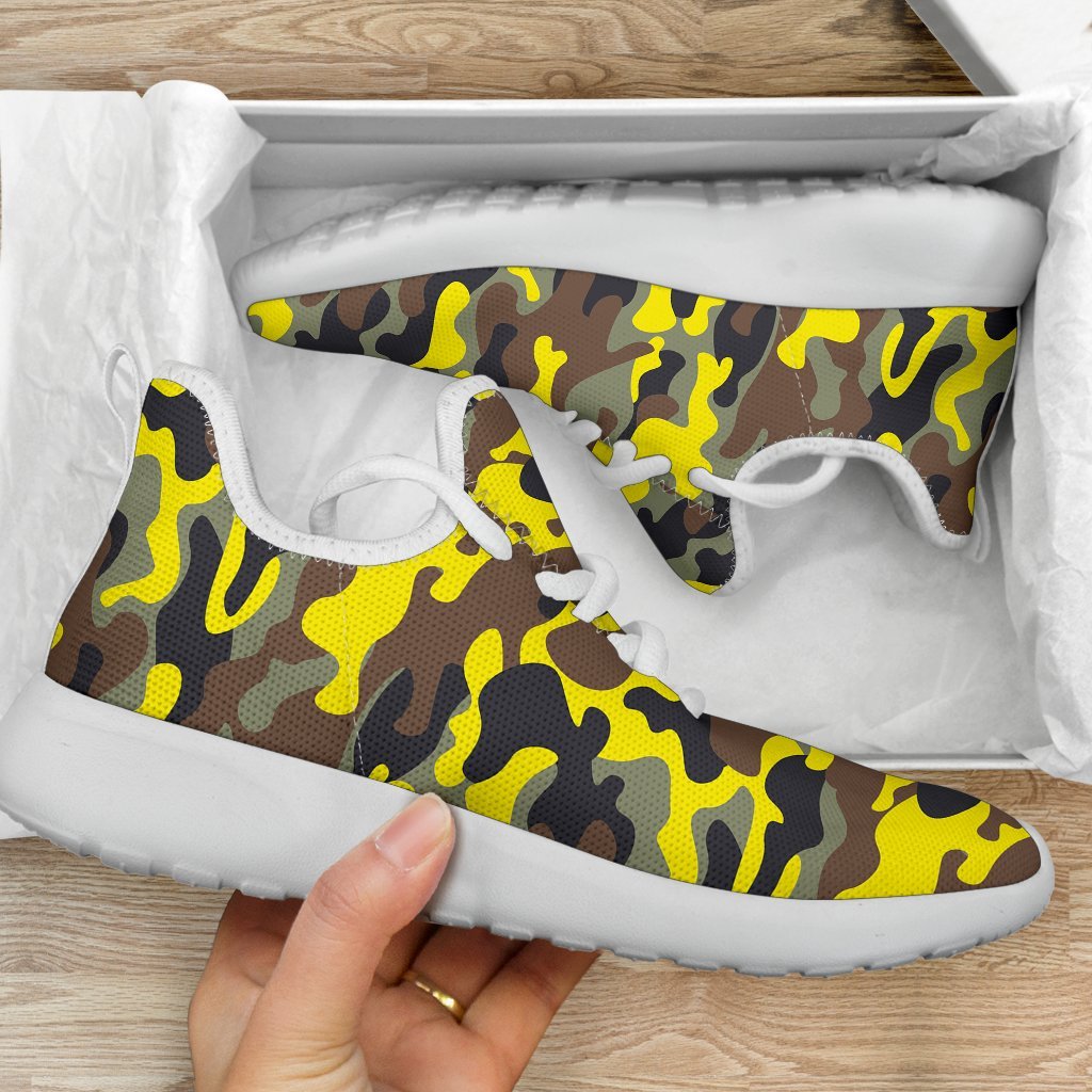 Yellow Brown And Black Camouflage Print Mesh Knit Shoes GearFrost