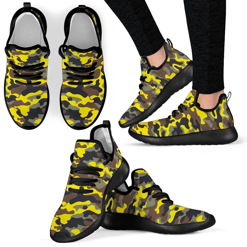 Yellow Brown And Black Camouflage Print Mesh Knit Shoes GearFrost