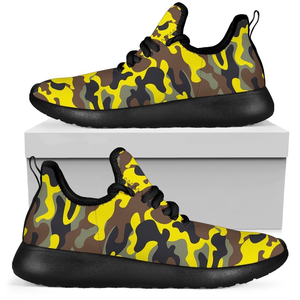 Yellow Brown And Black Camouflage Print Mesh Knit Shoes GearFrost