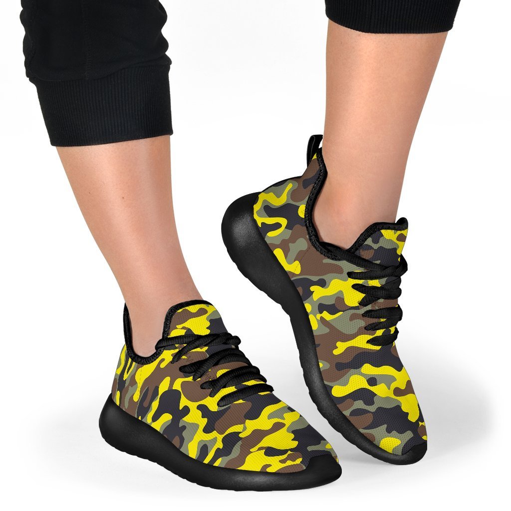 Yellow Brown And Black Camouflage Print Mesh Knit Shoes GearFrost