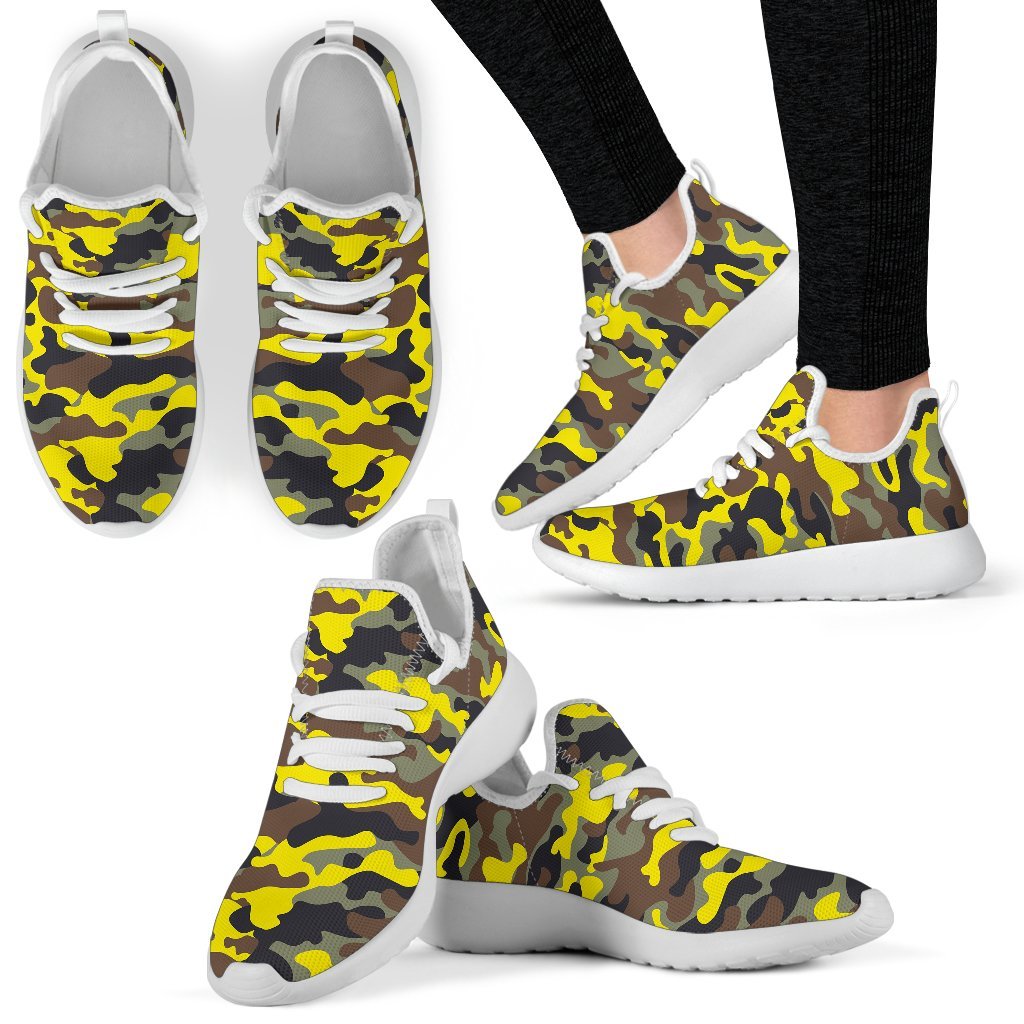 Yellow Brown And Black Camouflage Print Mesh Knit Shoes GearFrost
