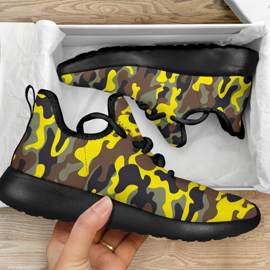 Yellow Brown And Black Camouflage Print Mesh Knit Shoes GearFrost