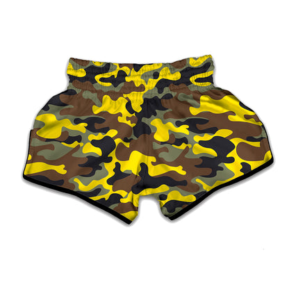 Yellow Brown And Black Camouflage Print Muay Thai Boxing Shorts