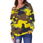 Yellow Brown And Black Camouflage Print Off Shoulder Sweatshirt GearFrost