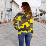 Yellow Brown And Black Camouflage Print Off Shoulder Sweatshirt GearFrost