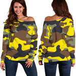 Yellow Brown And Black Camouflage Print Off Shoulder Sweatshirt GearFrost