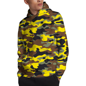 Yellow Brown And Black Camouflage Print Pullover Hoodie