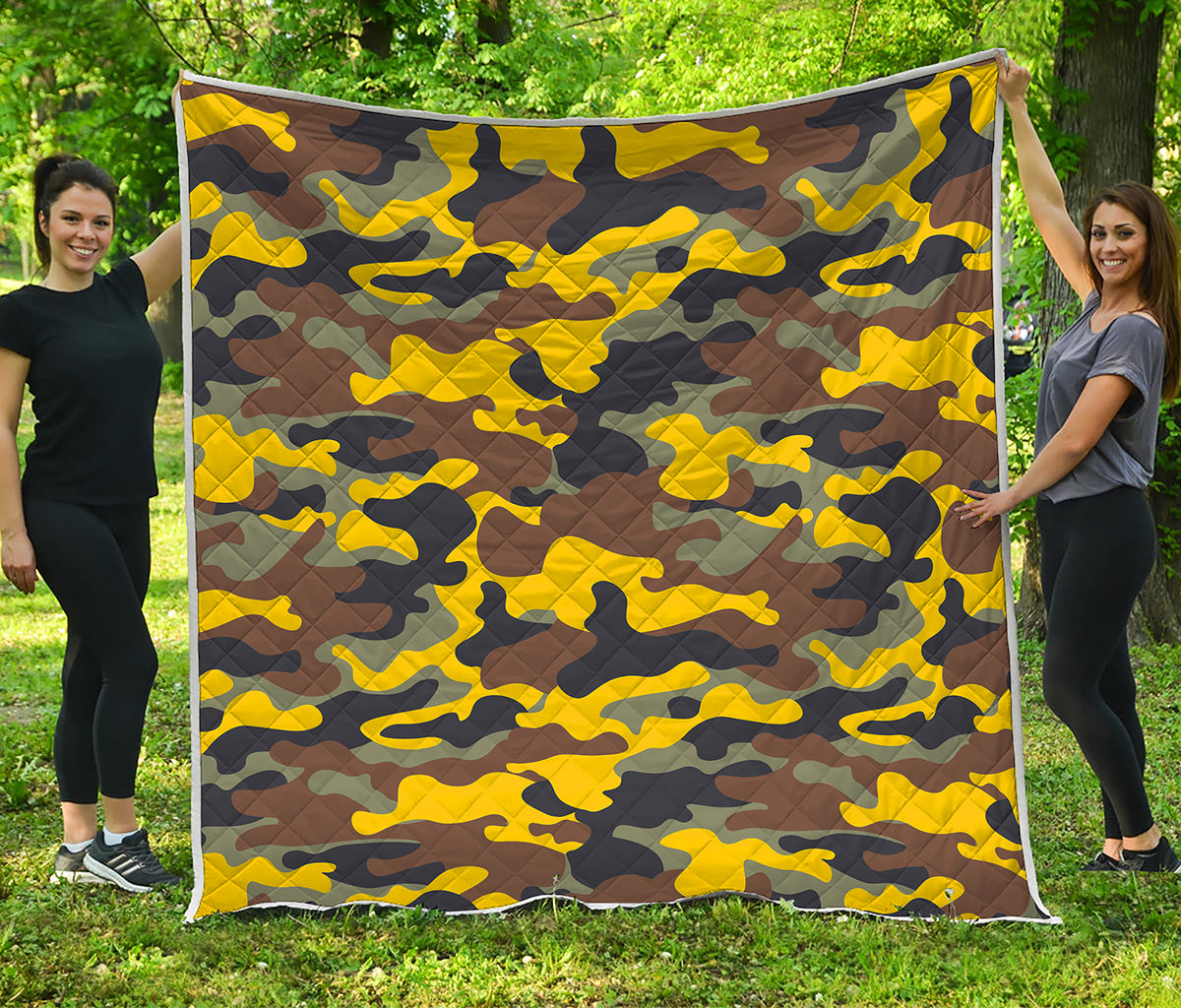 Yellow Brown And Black Camouflage Print Quilt