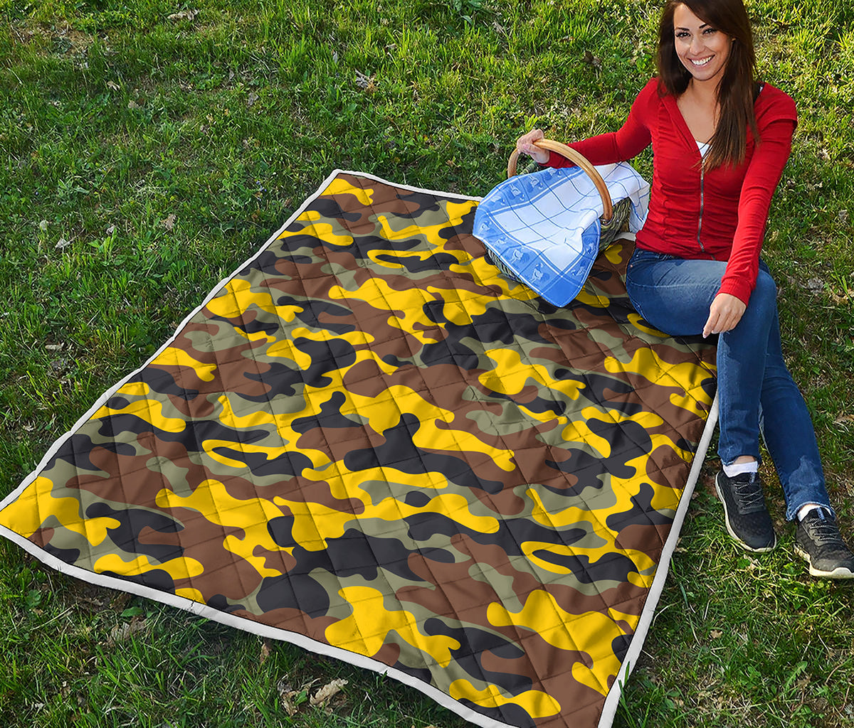 Yellow Brown And Black Camouflage Print Quilt