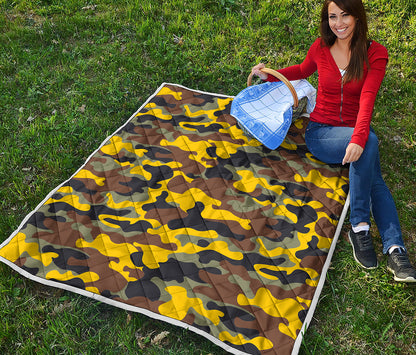 Yellow Brown And Black Camouflage Print Quilt
