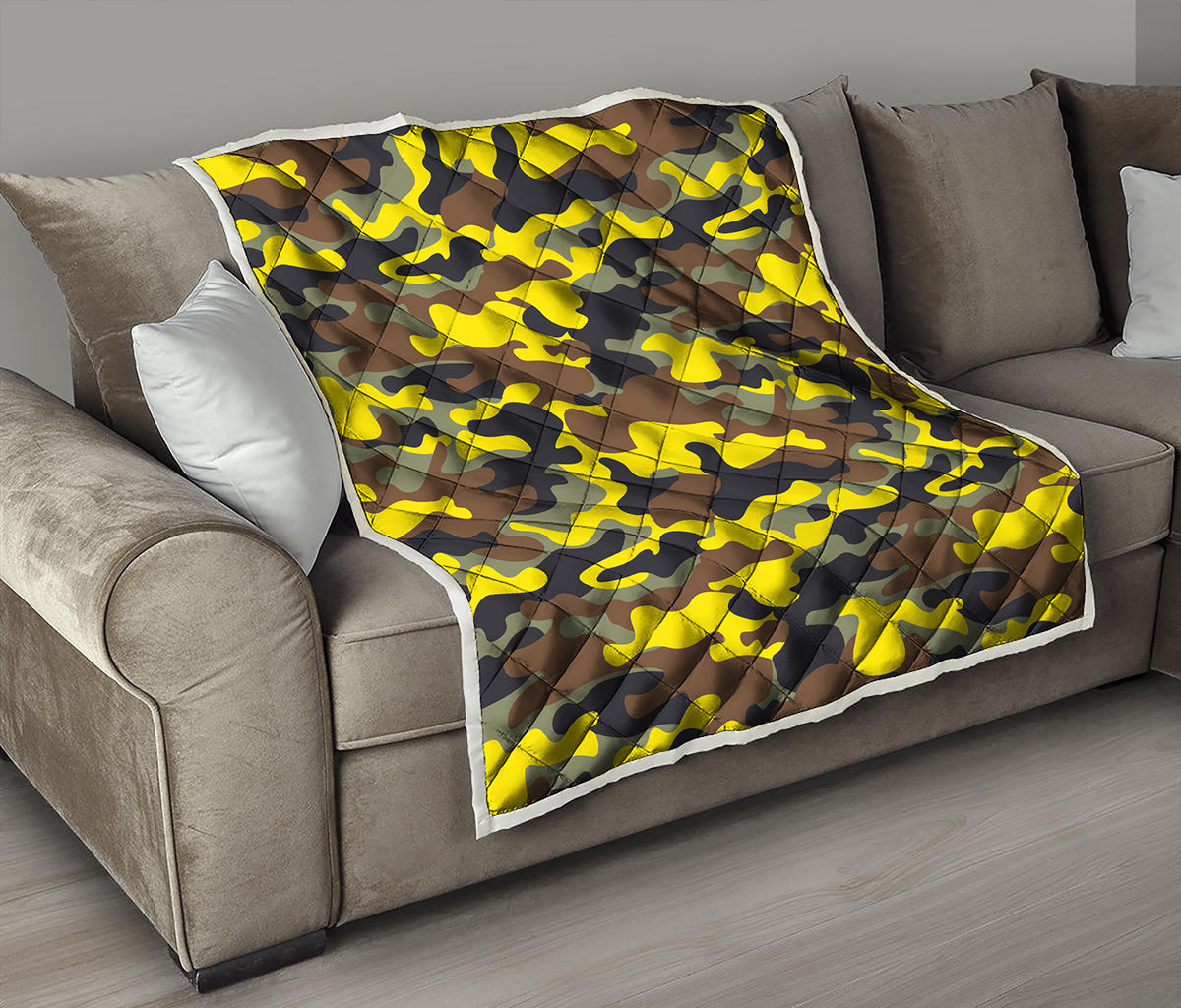 Yellow Brown And Black Camouflage Print Quilt