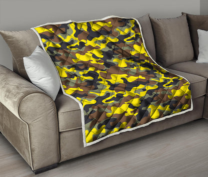 Yellow Brown And Black Camouflage Print Quilt