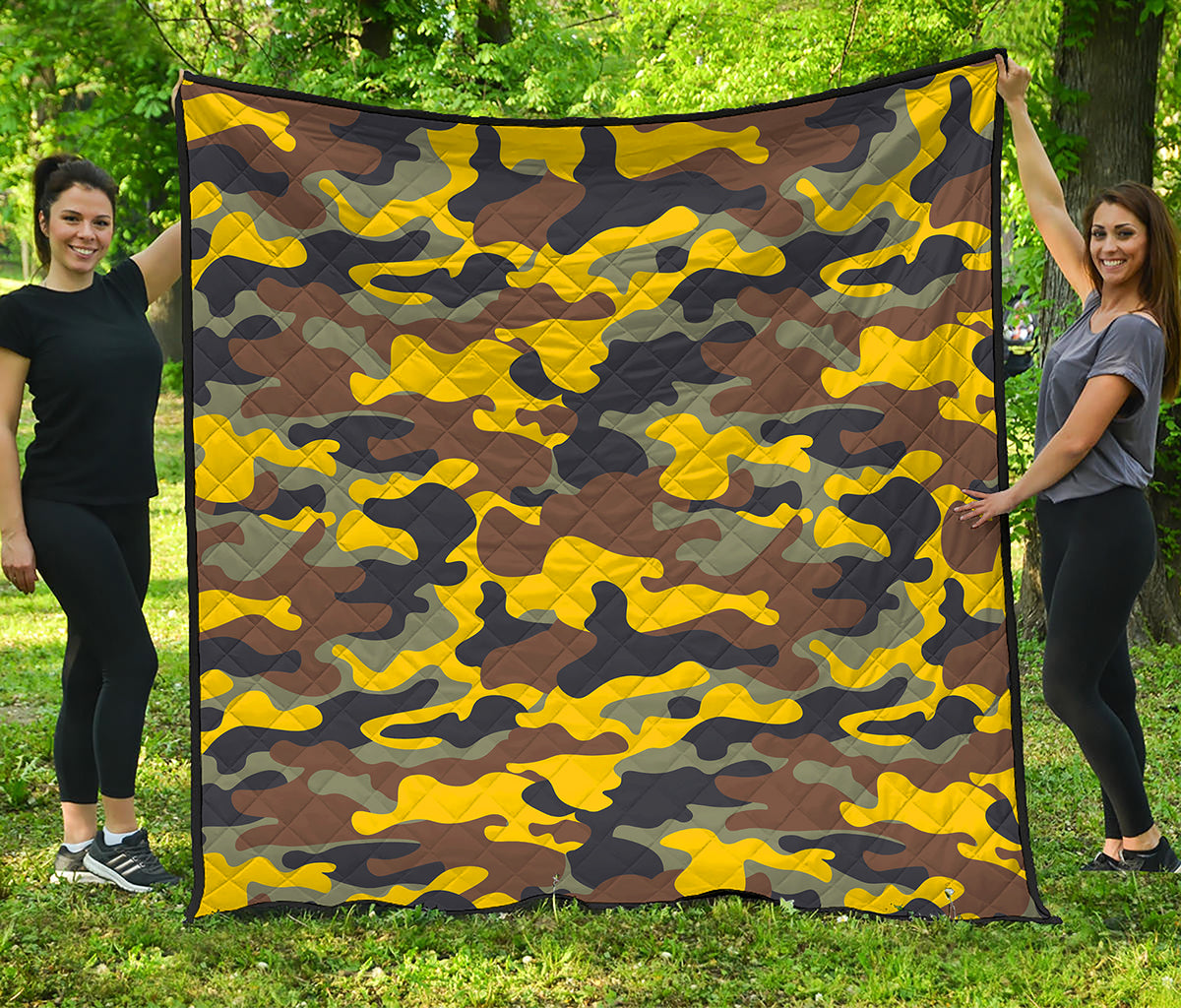 Yellow Brown And Black Camouflage Print Quilt