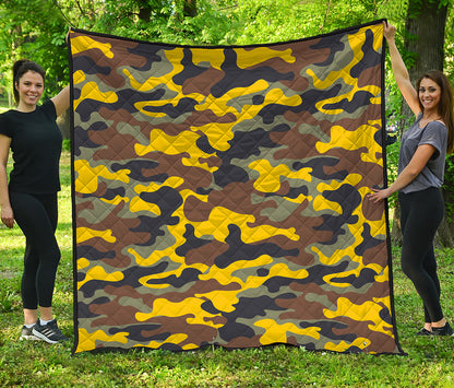 Yellow Brown And Black Camouflage Print Quilt