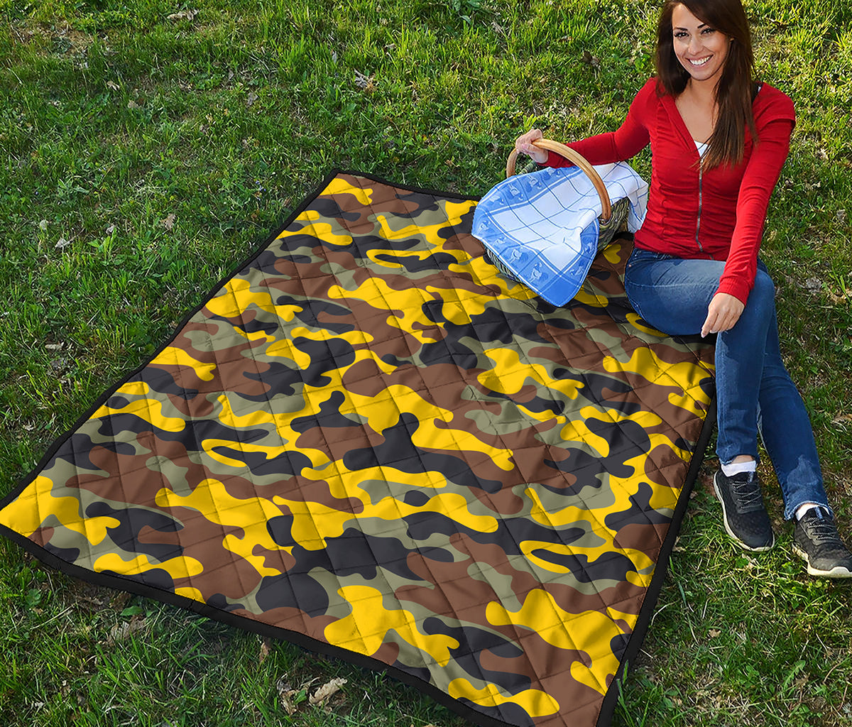 Yellow Brown And Black Camouflage Print Quilt