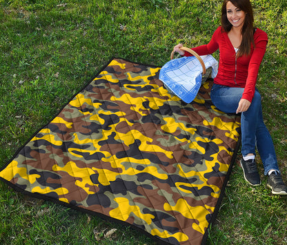 Yellow Brown And Black Camouflage Print Quilt