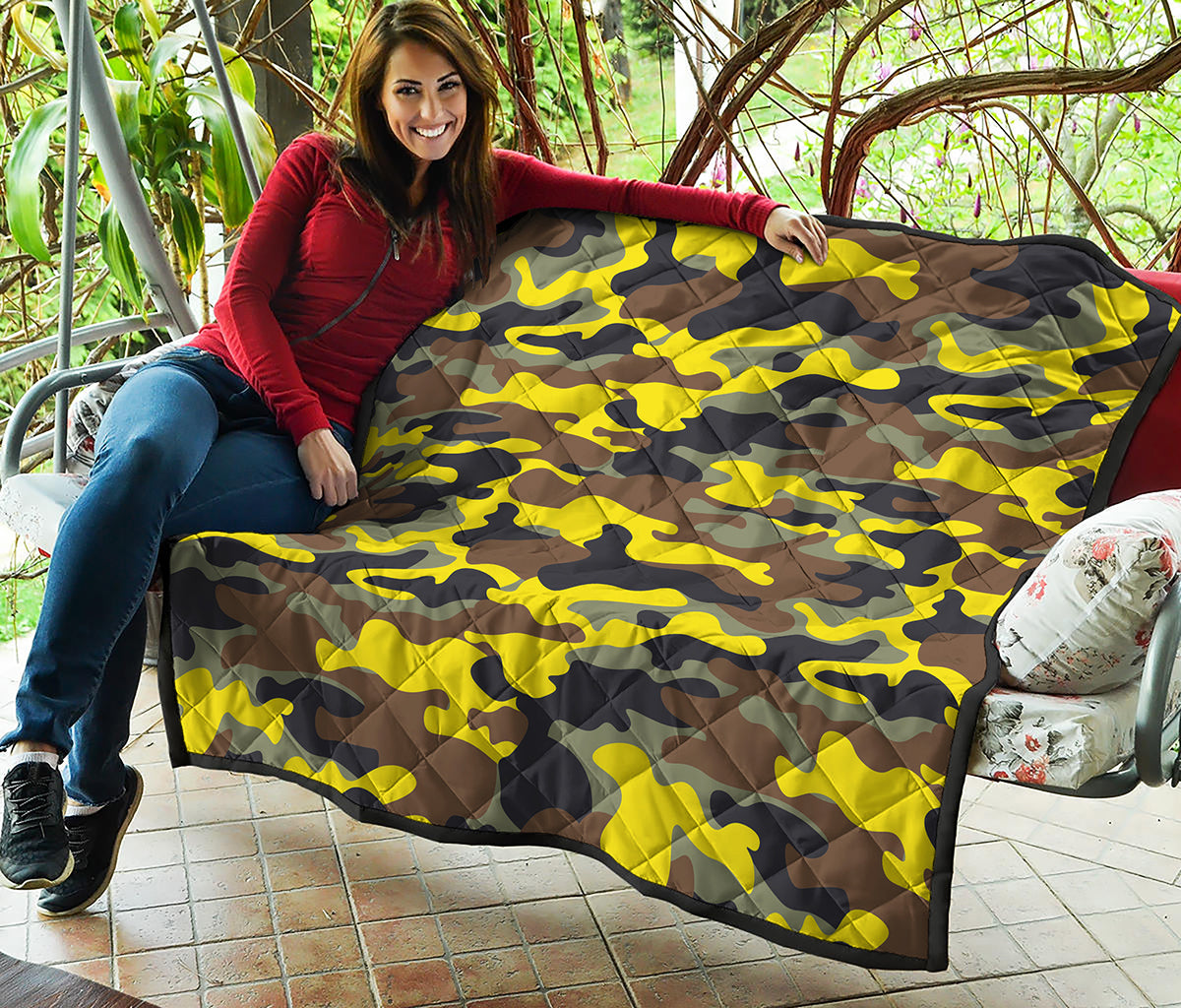 Yellow Brown And Black Camouflage Print Quilt