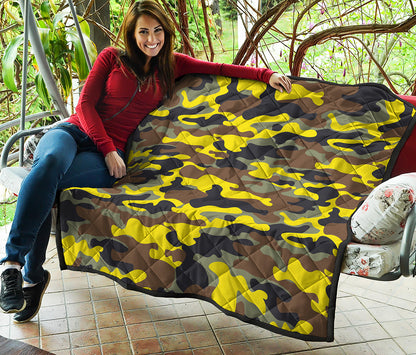 Yellow Brown And Black Camouflage Print Quilt