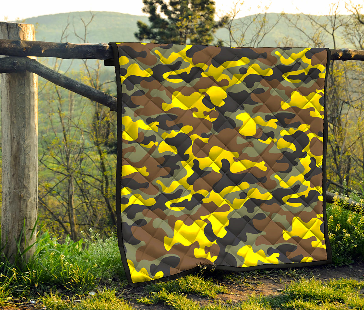 Yellow Brown And Black Camouflage Print Quilt