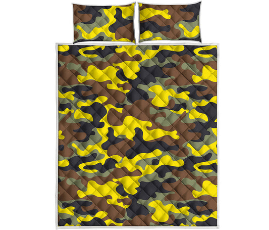 Yellow Brown And Black Camouflage Print Quilt Bed Set