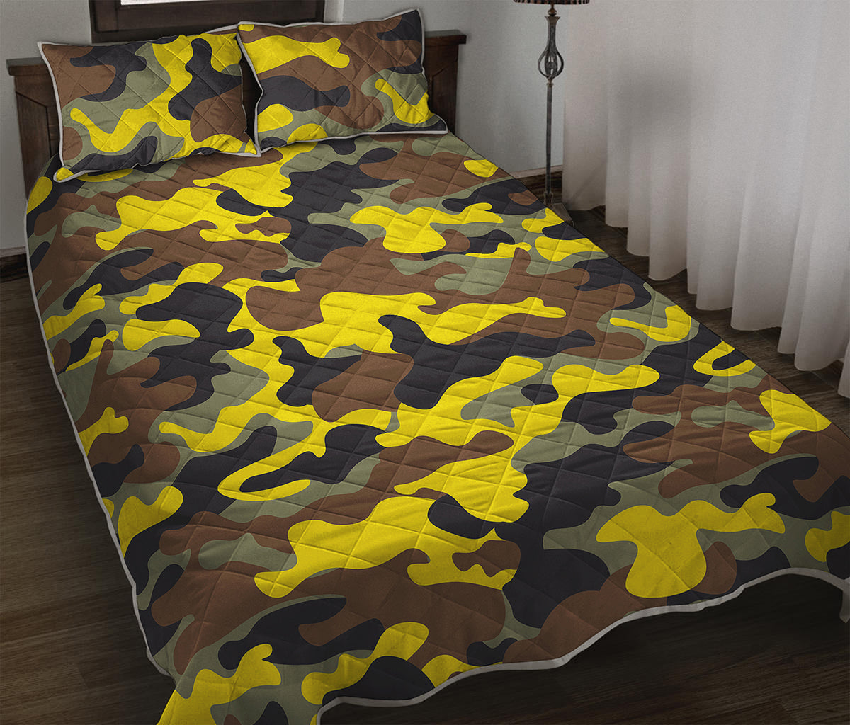 Yellow Brown And Black Camouflage Print Quilt Bed Set