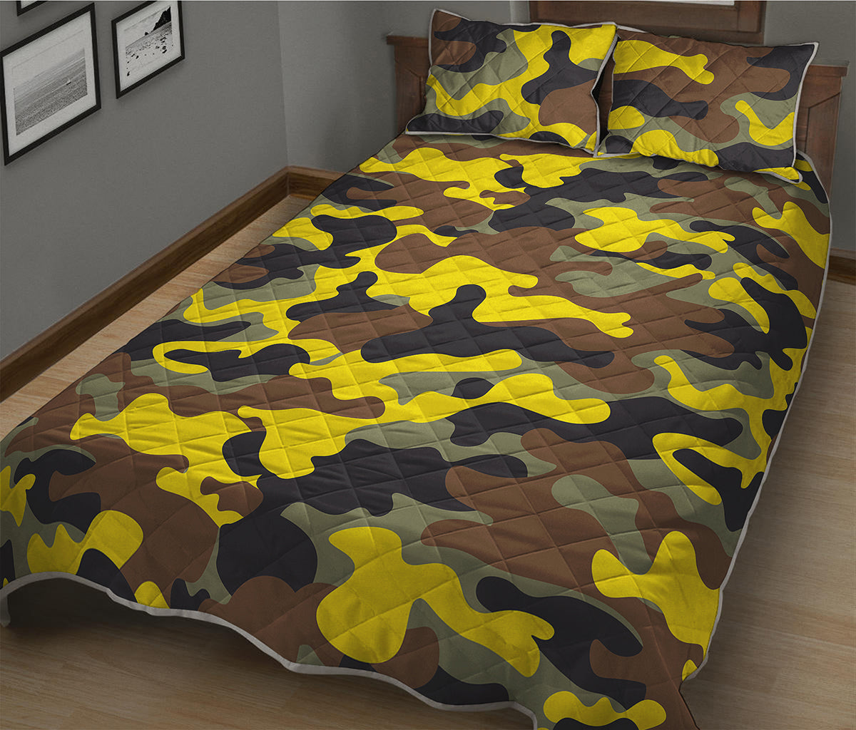 Yellow Brown And Black Camouflage Print Quilt Bed Set