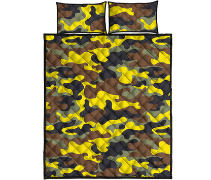 Yellow Brown And Black Camouflage Print Quilt Bed Set