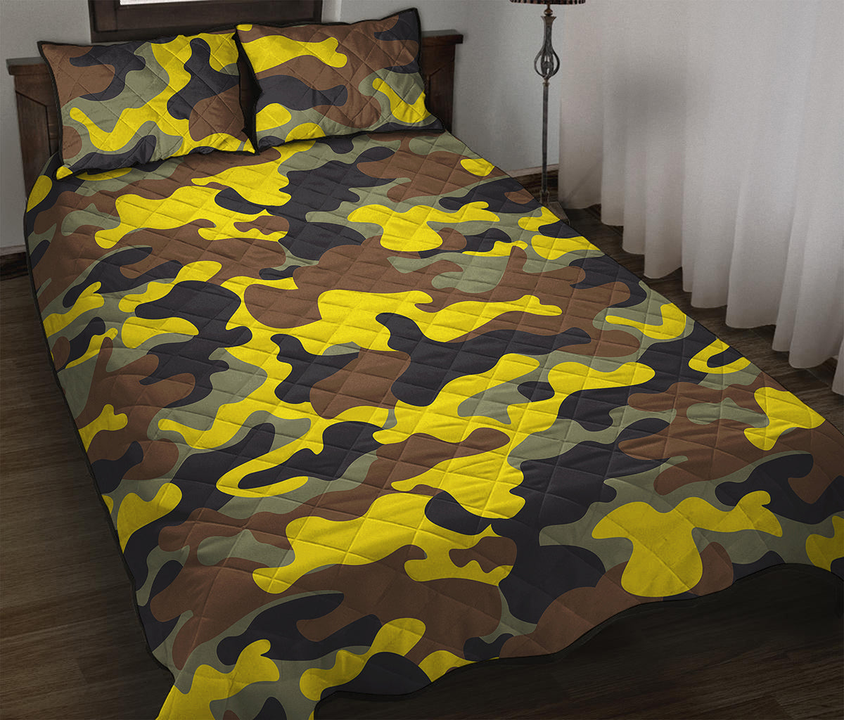 Yellow Brown And Black Camouflage Print Quilt Bed Set