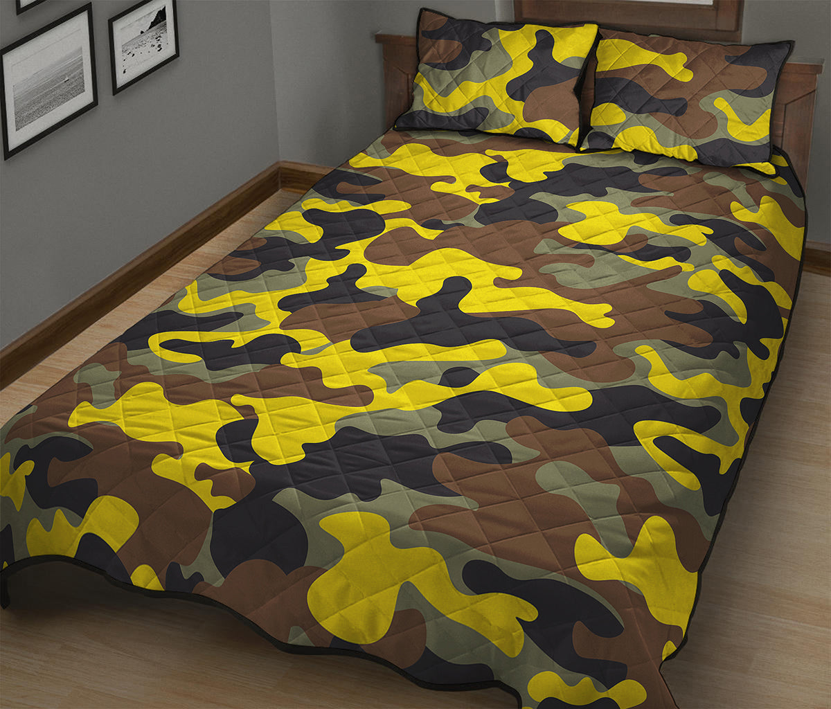 Yellow Brown And Black Camouflage Print Quilt Bed Set