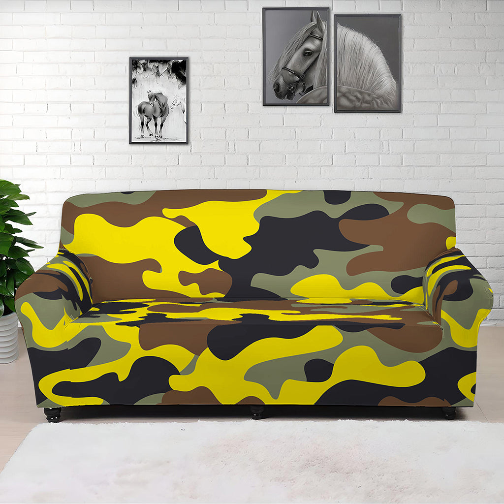 Yellow Brown And Black Camouflage Print Sofa Cover