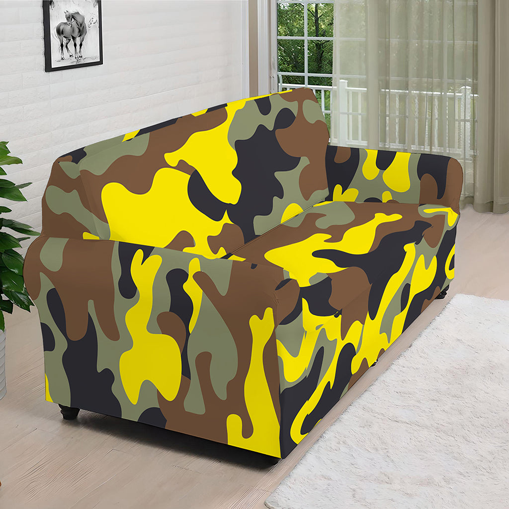 Yellow Brown And Black Camouflage Print Sofa Cover