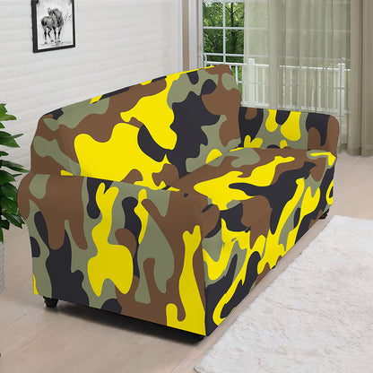 Yellow Brown And Black Camouflage Print Sofa Cover
