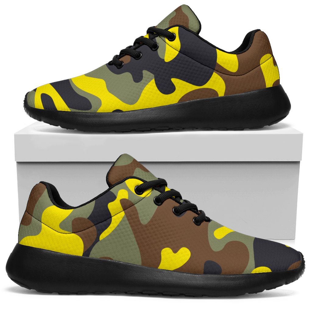 Yellow Brown And Black Camouflage Print Sport Shoes GearFrost