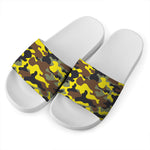 Yellow Brown And Black Camouflage Print White Slide Sandals