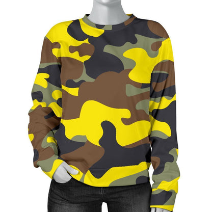 Yellow Brown And Black Camouflage Print Women's Crewneck Sweatshirt GearFrost