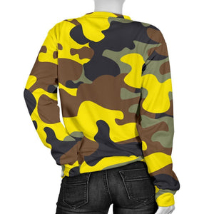 Yellow Brown And Black Camouflage Print Women's Crewneck Sweatshirt GearFrost