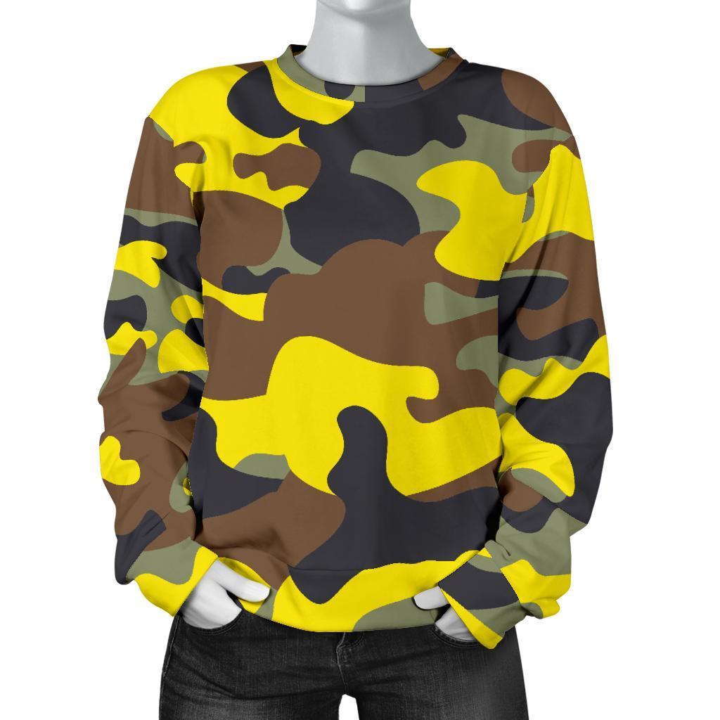 Yellow Brown And Black Camouflage Print Women's Crewneck Sweatshirt GearFrost