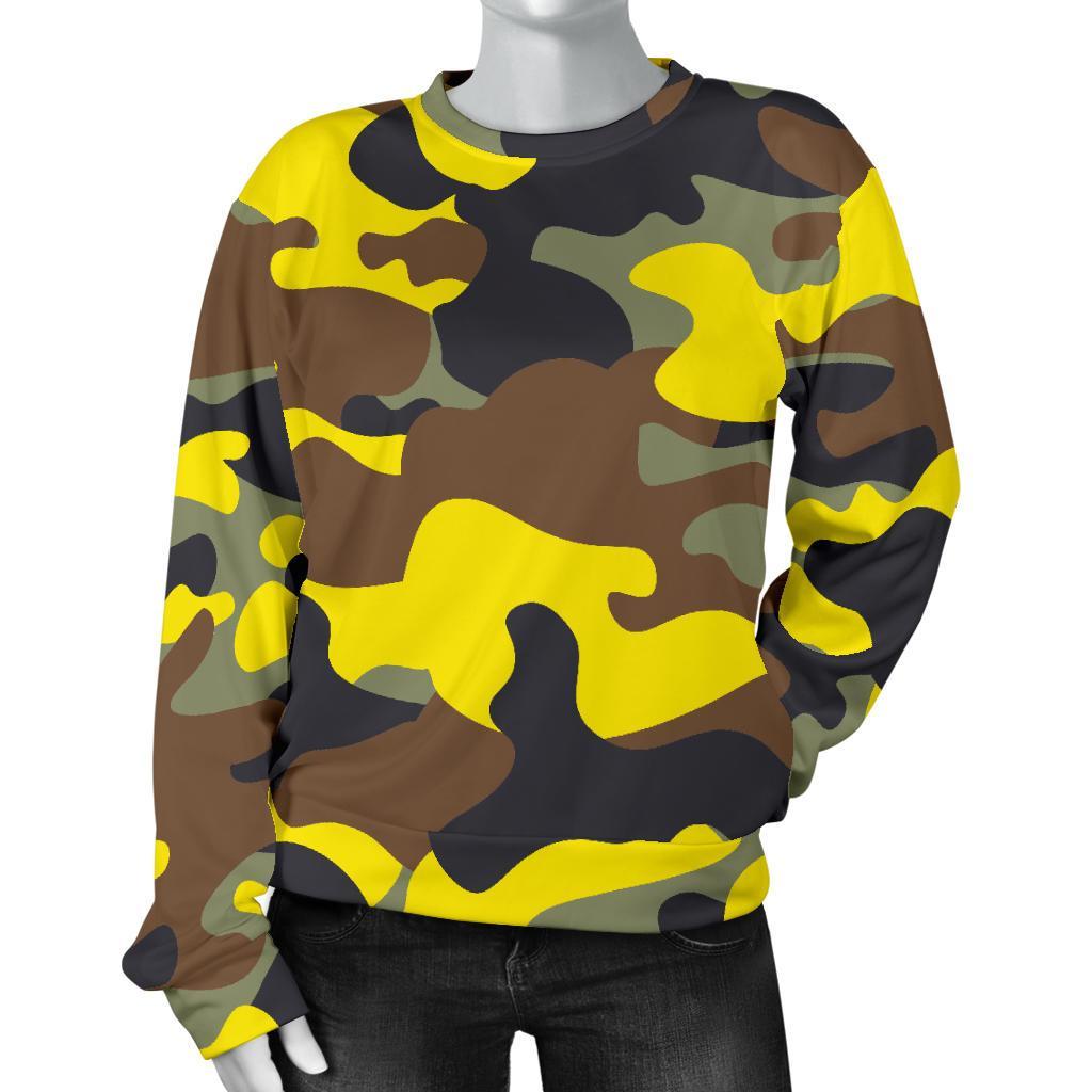 Yellow Brown And Black Camouflage Print Women's Crewneck Sweatshirt GearFrost