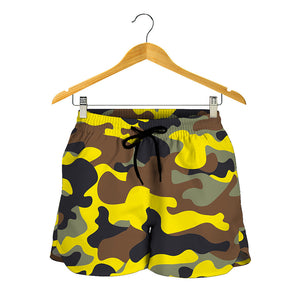 Yellow Brown And Black Camouflage Print Women's Shorts