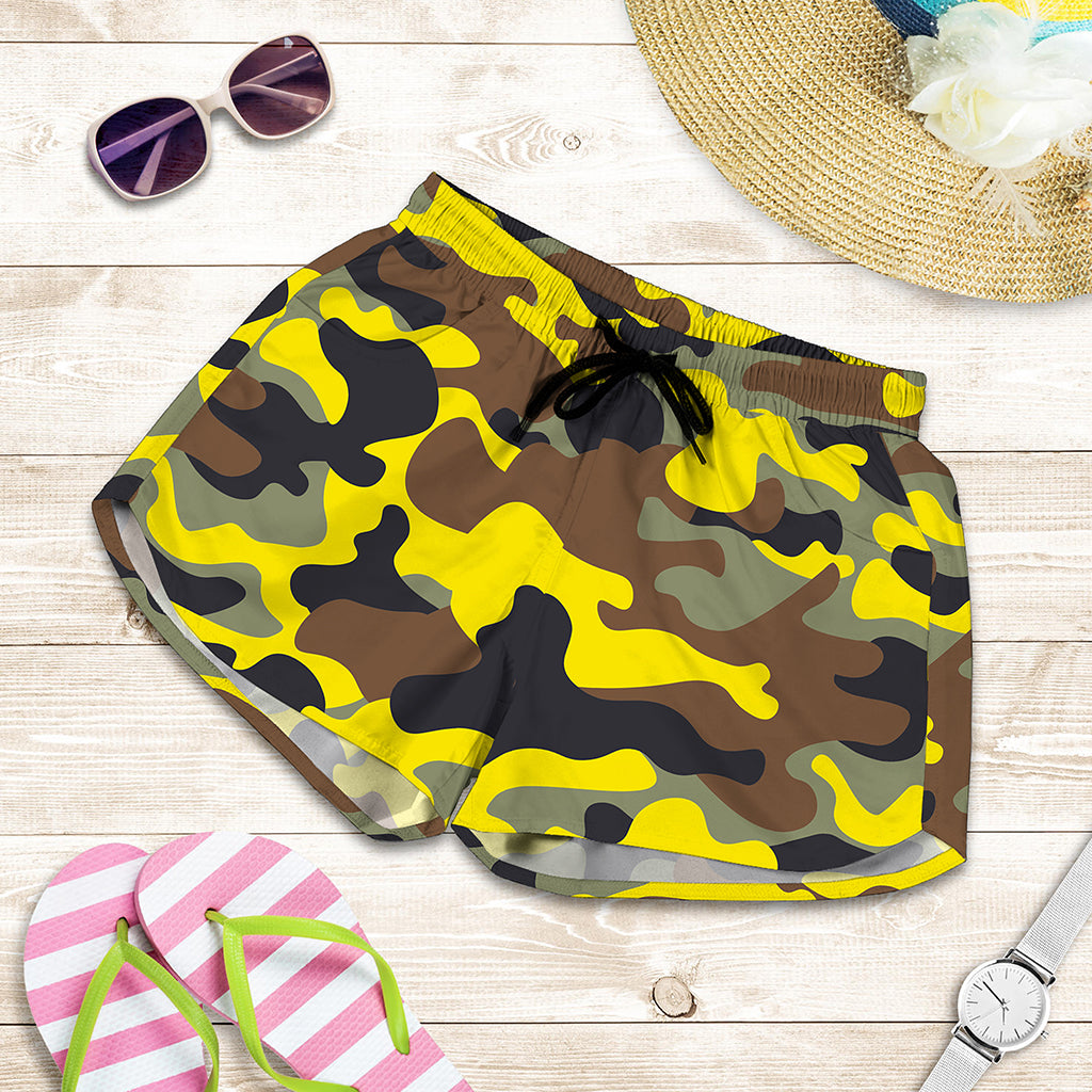 Yellow Brown And Black Camouflage Print Women's Shorts