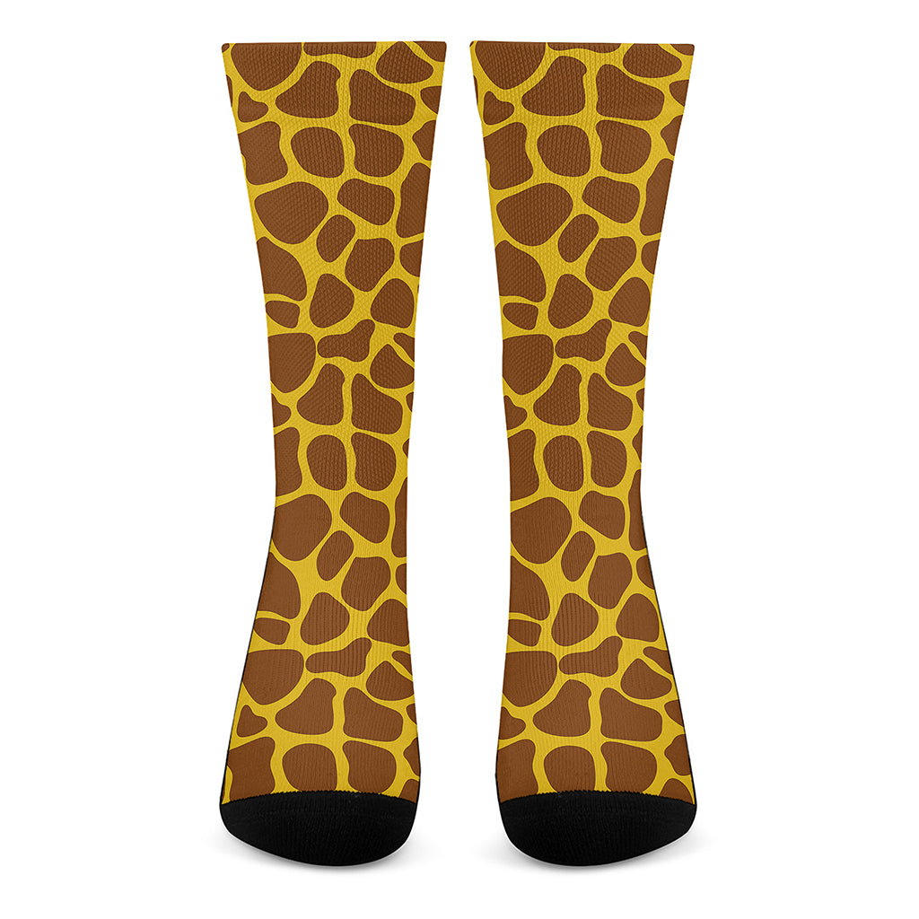 Yellow Brown Giraffe Pattern Print Crew Socks