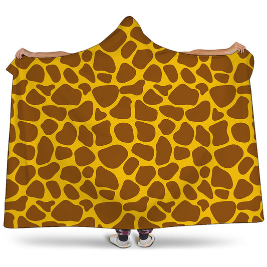 Yellow Brown Giraffe Pattern Print Hooded Blanket