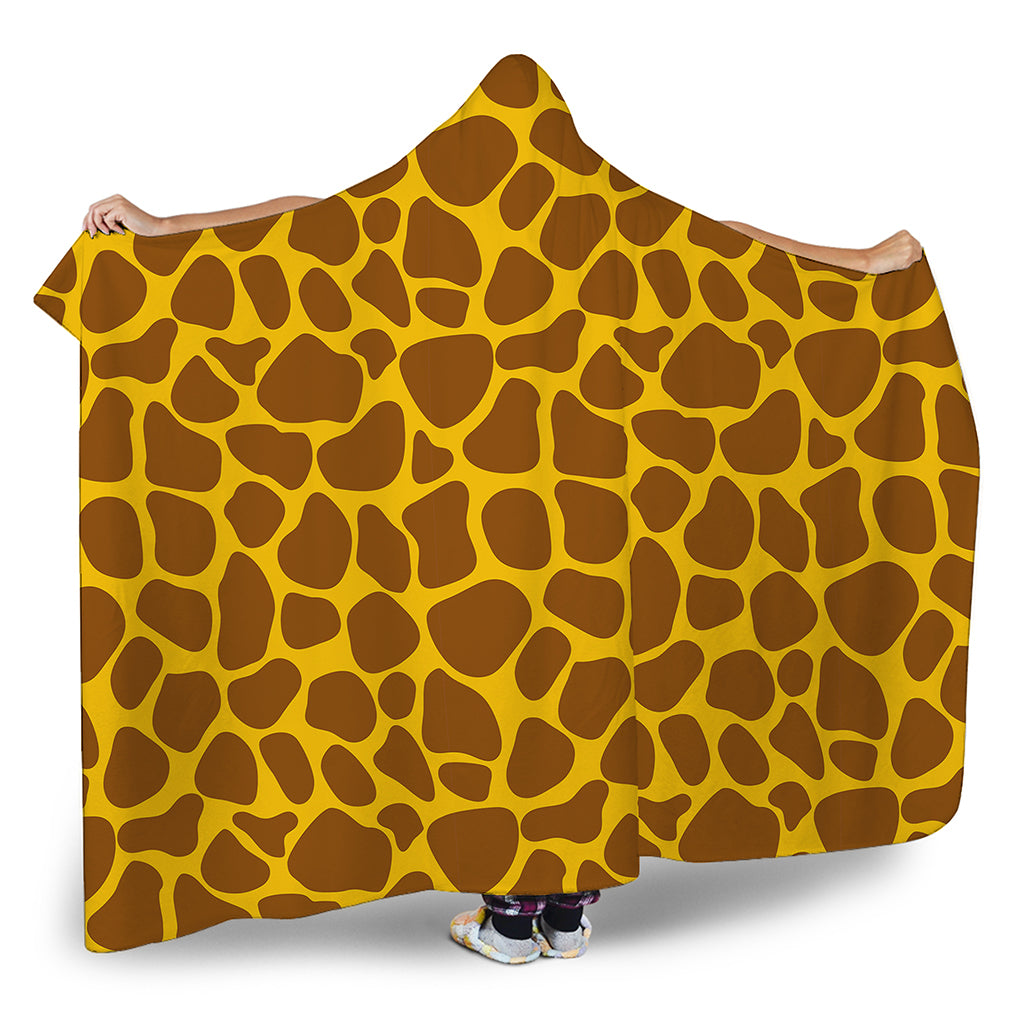 Yellow Brown Giraffe Pattern Print Hooded Blanket