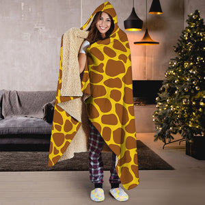 Yellow Brown Giraffe Pattern Print Hooded Blanket
