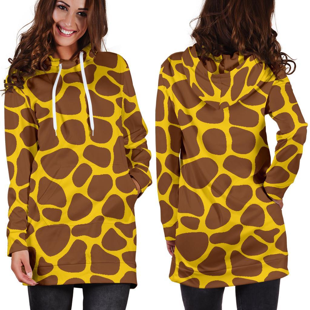 Yellow Brown Giraffe Pattern Print Hoodie Dress GearFrost