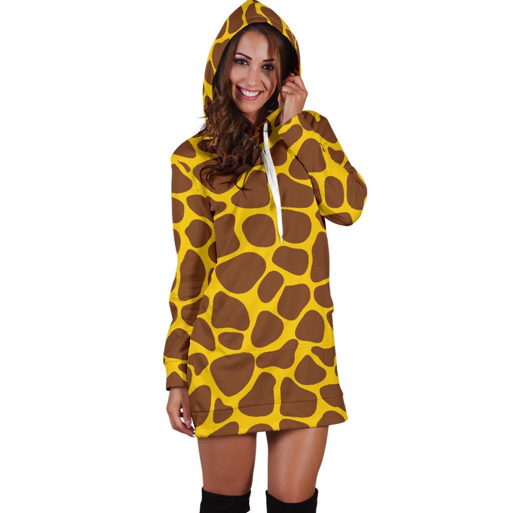 Yellow Brown Giraffe Pattern Print Hoodie Dress GearFrost