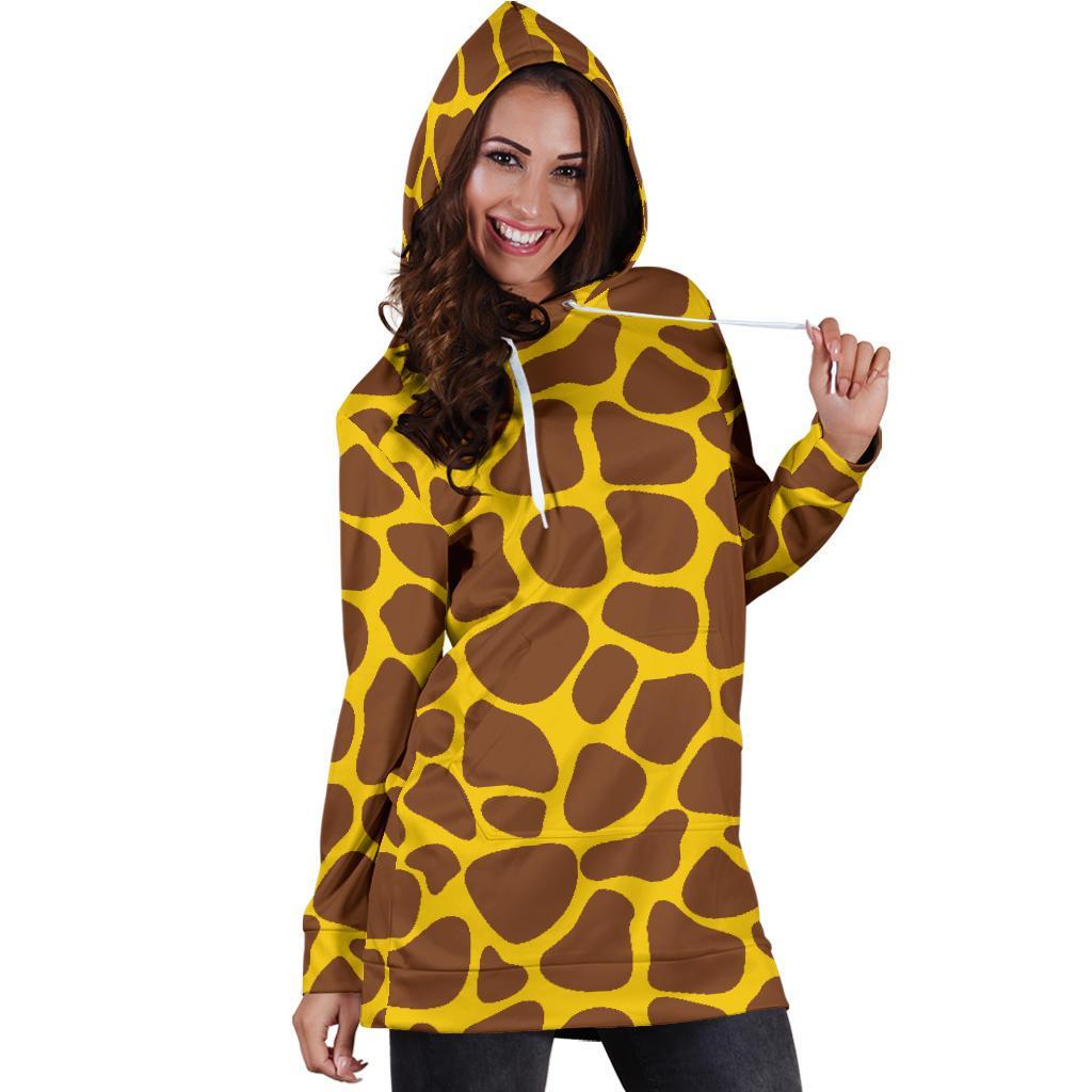 Yellow Brown Giraffe Pattern Print Hoodie Dress GearFrost