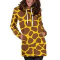 Yellow Brown Giraffe Pattern Print Pullover Hoodie Dress